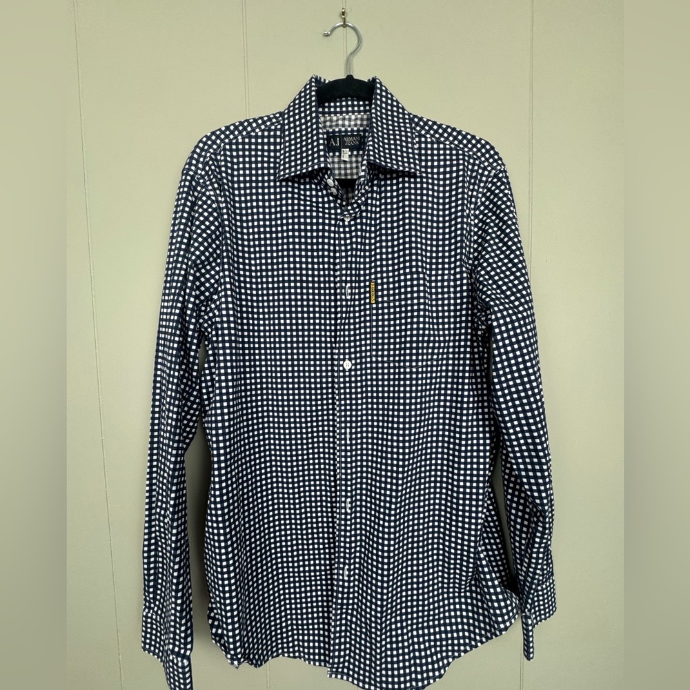 Men's Armani Jeans Blue and White Checkered Dress Shirt